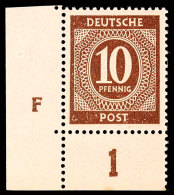 10 Pf. Ziffer Dunkelbraun, Linke Untere Bogenecke Mit Druckerzeichen "F", Postfrisch, Mi. 150,-, Katalog: 918DZ... - Other & Unclassified