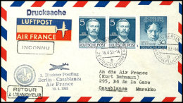 30 Pf. Beethoven Und 5 Pf. Lilienthal (MiF), "1. Direkter Postflug Berlin - Casablanca Air France 19.4..1953"... - Autres & Non Classés