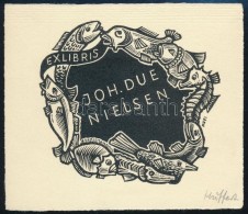 Hermann Huffert Hanan (1904-1995): Ex Libris Joh. Due Nielsen. Halak. Fametszet, Jelzett 85x62 Mm /  Fishes Wood... - Sonstige & Ohne Zuordnung