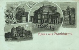 ** T2 Frankfurt, Schillerdenkmal, Opernhaus, Gothedenkmal, Börse / Statue, Opera, Bourse, Floral, Litho - Ohne Zuordnung