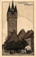 * T1/T2 Straubing, Stadtturm; Künstler Stein-Zeichnung / City Tower, Art Postcard - Ohne Zuordnung