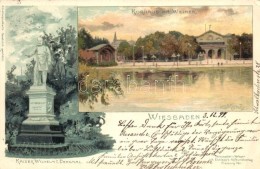 T3 1899 Wiesbaden, Kurhaus Mit Weimer, Kaiser Wilhelm I Denkmal / Spa, Statue, Joh. Elchlepp's Hofkunstverlag Litho... - Ohne Zuordnung