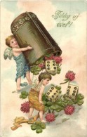 * T2/T3 Boldog Újévet! / New Year Greeting Card With Angels, Dices And Flowers. Golden Decorated... - Unclassified