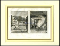 KARLSBAD: Die Colonnaden Des Sprudels Und Der Sprudel, 2 Ansichten Auf Einem Blatt, Stahlstich Von Poppel, 1840 - Lithographies