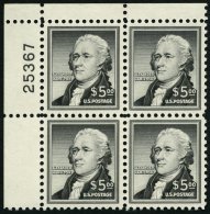 USA 675 VB **, Scott 1053, 1956, 5 $ Hamilton Im Oberen Linken Eckrandviererblock Mit Plattennummer, Pracht, $ 230.- - Oblitérés