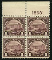 USA 283 VB **, Scott 571, 1923, 1 $ Lincoln Gedenkhalle Im Postfrischen Oberrandviererblock Mit Plattennummer, Pracht - Oblitérés
