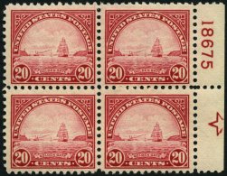 USA 279A VB **, Scott 567, 1923, 20 C. Goldenes Tor, Gezähnt L 11, Im Postfrischen Plattenviererblock Mit Fünf - Gebraucht