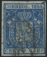 SPANIEN 30w O, 1854, 6 R. Blau, Dünnes Weißes Papier, Pracht, Mi. 300. - Oblitérés