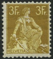 SCHWEIZ BUNDESPOST 110 *, 1908, 3 Fr. Schwärzlichgraugelb/mattgelb, Falzreste, Feinst, Mi. 320.- - Gebraucht