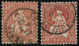 SCHWEIZ BUNDESPOST 25a,b O, 1862, 30 C. Zinnober Und Zinnoberrot, 2 Prachtwerte, Mi. 90.- - Usados