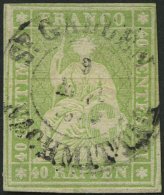 SCHWEIZ BUNDESPOST 17IIAyr O, 1855, 40 Rp. Gelblichgrün, Braunroter Seidenfaden, Berner Druck II, (Zst. 26Cb), K2 S - Gebraucht