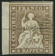 SCHWEIZ BUNDESPOST 13IIAym O, 1854, 5 Rp. Graubraun, Berner Druck I, (Zst. 22B), Linkes Randstück, Unten Etwas Ange - Autres & Non Classés