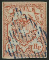 SCHWEIZ BUNDESPOST 10 O, 1852, 15 Rp. Kleine Ziffer, Type 4, Blaue Raute, Leichte Waagerechte Bugspur Sonst Pracht, Mi. - Sonstige & Ohne Zuordnung