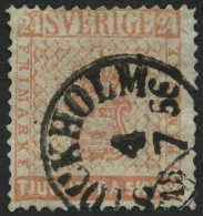 SCHWEDEN 5a O, 1855, 24 Skill. Bco. Ziegelrot, Dreiseitig Nachgezähnt - Fein, Mi. 2000.- - Oblitérés