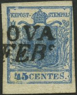 LOMBARDEI UND VENETIEN 5Xa O, 1850, 45 C. Dunkelblau, Handpapier, Type I, Unterlegte Mitte, Deutlicher Maschinen-Abklats - Lombardo-Vénétie