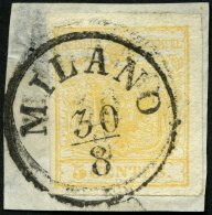 LOMBARDEI UND VENETIEN 1Xa BrfStk, 1850, 5 C. Ockergelb, Handpapier, K1 MILANO, Fotobefund Dr. Ferchenbauer - Used Stamps