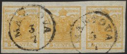 LOMBARDEI UND VENETIEN 1Xa O, 1850, 5 C. Ockergelb, Handpapier, Im Waagerechten Dreierstreifen, K1 MANTOVA, Pracht - Lombardo-Venetien