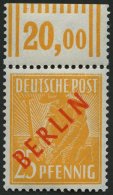 BERLIN 27WOR **, 1949, 25 Pf. Rotaufdruck, Walzendruck, Oberrandstück, Pracht, Gepr. D. Schlegel, Mi. 500.- - Usados