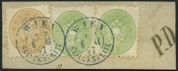 STERREICH 31,34 BrfStk, 1863, 3 Kr. Grün (2x) Und 15 Kr. Braun Auf Großem Briefstück Mit Blauen K2 WIEN - Sonstige & Ohne Zuordnung