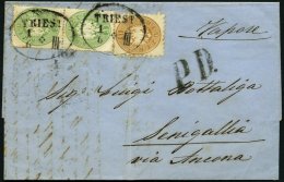 STERREICH 25 Paar,34 BRIEF, Mischfrankatur: 1863, 3 Kr. Grün Im Senkrechten Paar Und 15 Kr. Braun (senkrechter Reg. - Usados