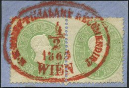 STERREICH 19 Paar BrfStk, 1863, 3 Kr. Grün Im Waagerechten Paar Auf Briefstück Mit Rotem Oval-K1 K.K. BRIEF-FI - Gebraucht