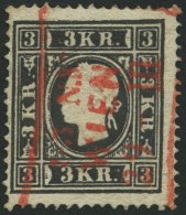 STERREICH 11II O, 1859, 3 Kr. Schwarz, Type II, Roter R3 WIEN, Pracht, Mi. 230.- - Gebraucht