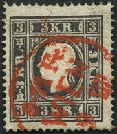 STERREICH 11II O, 1858, 3 Kr. Schwarz, Type II, Roter K1 WIEN, Pracht, Fotobefund Dr. Ferchenbauer - Gebraucht