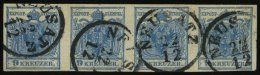 STERREICH 5Y O, 1854, 9 Kr. Blau, Maschinenpapier, Type IIIb, Im Waagerechten Viererstreifen, K1 NEUSATZ, Pracht, Fotoat - Sonstige & Ohne Zuordnung