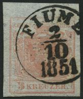 STERREICH 3X O, 1850, 3 Kr. Rot, Handpapier, Type I, Seidenpapier, K1 FIUME, Kabinett - Sonstige & Ohne Zuordnung