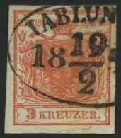 STERREICH 3X O, 1850, 3 Kr. Rot, Handpapier, Ovalstempel IABLUNKAU, Pracht - Other & Unclassified