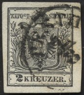 STERREICH 2Ya O, 1854, 2 Kr. Schwarz, Maschinenpapier, Breitrandig, Pracht, Mi. 80.- - Oblitérés