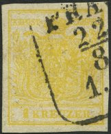 STERREICH 1Ya O, 1854, 1 Kr. Gelb, Maschinenpapier, Type III, R4 PRA(G), Pracht, Fotobefund Dr. Ferchenbauer, Mi. 120.- - Gebraucht