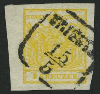 STERREICH 1Xd O, 1850, 1 Kr. Tiefkadmiumgelb, Handpapier, Type III, Linkes Randstück, Stempel TRIEST, Kabinett, Fot - Gebraucht