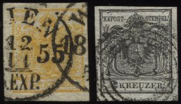 STERREICH 1,2X O, 1850, 1 Kr. Gelb Und 2 Kr. Schwarz, Handpapier, 2 Prachtwerte, Mi. 220.- - Gebraucht