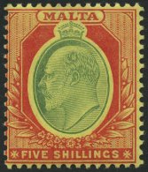 MALTA 40 *, 1911, 5 Sh. Karmin/hellgrün Auf Gelb, Falzrest, Pracht, Mi. 90.- - Malta