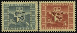 LIECHTENSTEIN 243,252 **, 1945/7, 5 Fr. Wappen, 2 Prachtwerte, Mi. 79.- - Otros & Sin Clasificación