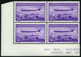 LIECHTENSTEIN 150 VB **, 1936, 2 Fr. Graf Zeppelin Im Unteren Linken Eckrandviererblock, Pracht, Mi. (380.-) - Sonstige & Ohne Zuordnung