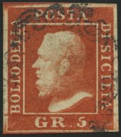 SIZILIEN 4c O, 1859, 5 Gr. Ziegelrot, Platte 2, Pracht, Gepr. U.a. Drahn, Mi. 1500.- - Sicile