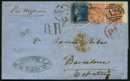 GROSSBRITANNIEN 17I,19II Paar BRIEF, 1865, 2 P. Blau Und Waagerechtes Paar 4 P. Bräunlichrot (üblich Gezä - Gebraucht