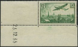 FRANKREICH 311a **, 1936, 50 Fr. Gelbgrün Flugzeug über Paris, Bogenecke Mit Druckdatum, Pracht, Gepr. Calves, - Other & Unclassified