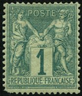 FRANKREICH 56 *, 1876, 1 C. Grün, Falzrest, Feinst (Eckzahnfehler), Mi. 170.- - Autres & Non Classés