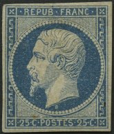 FRANKREICH 9a *, 1852, 25 C. Blau, Falzreste, Senkrechter Bug Sonst Farbfrisches Prachtstück, Signiert Brum Und Fot - Other & Unclassified