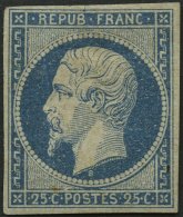 FRANKREICH 9a *, 1852, 25 C. Blau, Falzreste, Senkrechter Bug Sonst Farbfrisches Prachtstück, Signiert Brum Und Fot - Sonstige & Ohne Zuordnung