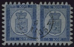 FINNLAND 3B Paar O, 1865, 5 K. Blau Auf Graublau Im Waagerechten Paar, Linke Marke Oben Zwei Verkürzte Zähne, - Autres & Non Classés