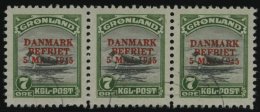 GRÖNLAND - DÄNISCHE POST 19 O, 1945, 7 Ø DANMARK/BEFRIET Im Waagerechten Dreierstreifen, Pracht, Mi. (2 - Otros & Sin Clasificación