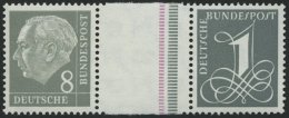 ZUSAMMENDRUCKE WZ 15aIVYII **, 1960, Heuss Wz. Liegend 8 + Z + 1, Schmale Strichelleiste In Rotlila Und Eine In Dunkelbl - Usados