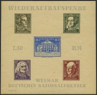 THÜRINGEN Bl. 3Bbya **, 1945, Block Nationaltheater, Durchstochen, Mi.Nr. 107 In Dunkelbraunoliv, Feinst, Fotoattes - Sonstige & Ohne Zuordnung