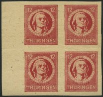 THÜRINGEN 97AXaqU VB **, 1945, 12 Pf. Karminrot, Vollgummierung, Ungezähnt, Im Randviererblock, Pracht, Gepr. - Otros & Sin Clasificación