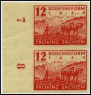 PROVINZ SACHSEN 91XU Paar **, 1946, 12 Pf. Bodenreform Auf Zigarettenpapier, Wz. X, Ungezähnt, Im Senkrechten Paar - Sonstige & Ohne Zuordnung