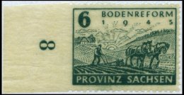 PROVINZ SACHSEN 90Ul **, 1946, 6 Pf. Bodenreform Auf Zigarettenpapier, Links Ungezähnt Mit Bogenrand, Pracht, R!, M - Autres & Non Classés